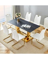 63" Sintered Stone Dining Set: Black Table, 6 White/Gold Chairs