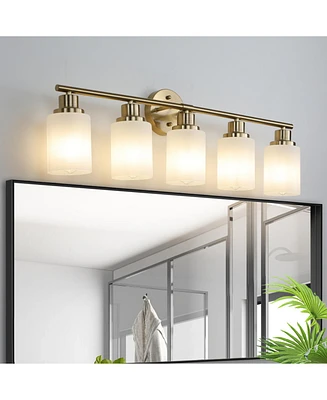 5-Light Golden Bathroom Vanity Light Fixture, Frosted Glass Shades, Modern Wall Mounted Lighting (No Bulbs)