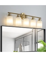 5-Light Golden Bathroom Vanity Light Fixture, Frosted Glass Shades, Modern Wall Mounted Lighting (No Bulbs)
