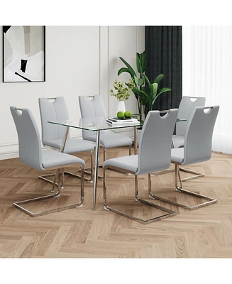 Modern Glass Dining Set with 7 Gray Pu Chairs