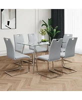 Modern Glass Dining Set with 7 Gray Pu Chairs