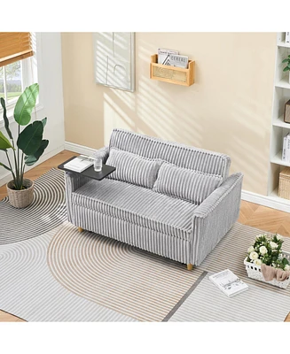 Pull-out Gray Corduroy Sofa with Dual Functions and Usb Ports