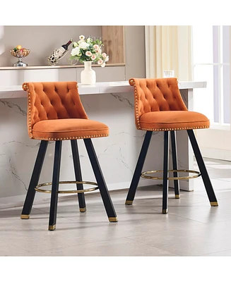 Velvet Bar Chairs with Pull-Out Footrest and Detachable Loop (Set of 2)