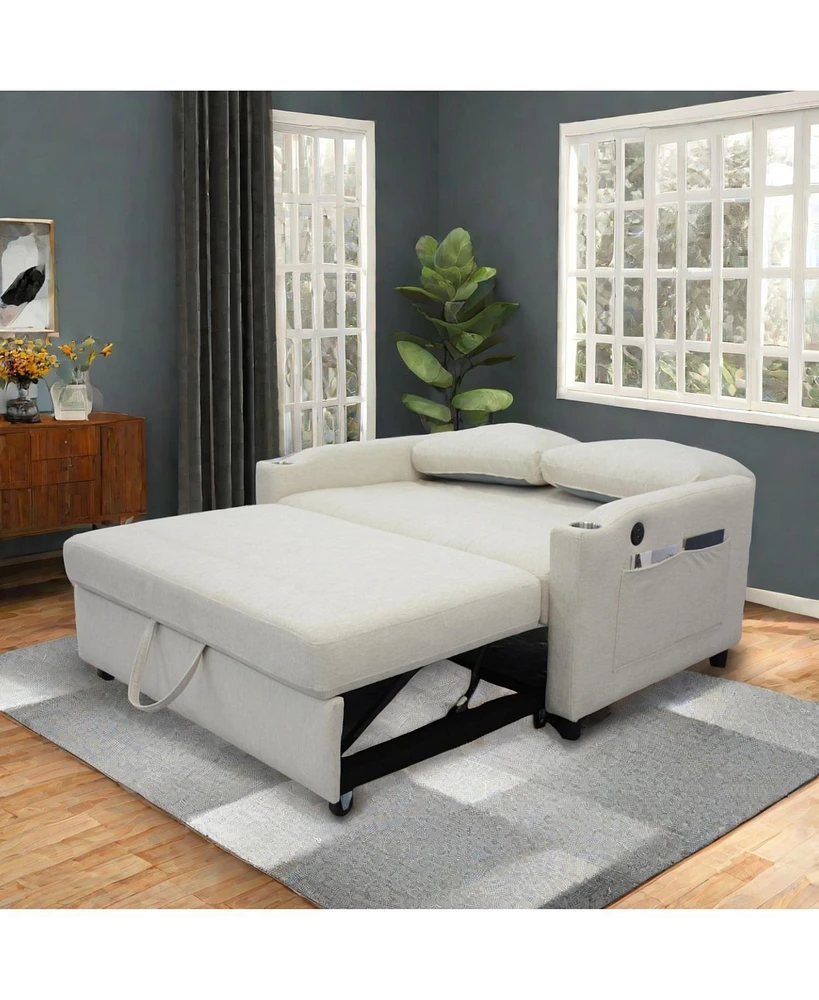 Modern Velvet Foldable Sofa Bed with Adjustable Back, Usb Port, Ashtray, and Swivel Phone Stand