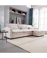 L Shape Sofa Couch with Usb & Cup Holders, Corduroy Stripe Fabric 3 Seater Sofa with 1 Ottoman, Beige