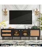 Rattan Tv Stand with 3 Cabinets & Led Light