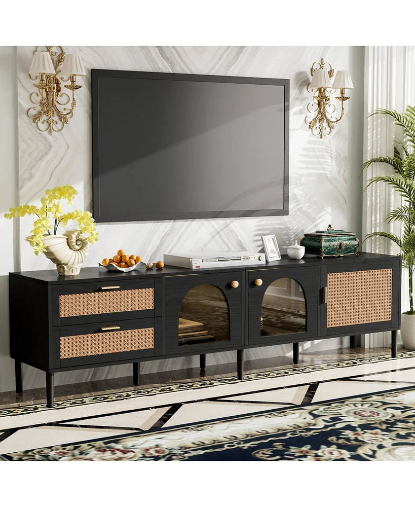 Rattan Tv Stand with 3 Cabinets & Led Light