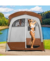 2 Rooms Oversize Privacy Shower Tent with Removable Rain Fly and Inside Pocket-Brown