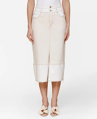 Avec Les Filles Women's Raw Hem Denim Midi Skirt