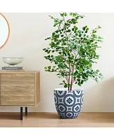 LuxenHome Blue and White Flower Pattern Round Tapered -Inch Tall Mgo Planter