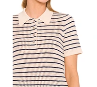 CeCe Women's Striped Short-Sleeve Polo Sweater