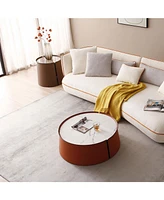 31.5" Coffee Table, Marble Top+Orange Saddle Leather Body+Iron Frame