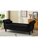 Velvet Storage Ottoman Bench with Crystal Buckle and Solid Wood Legs