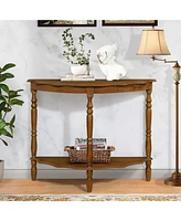 42'' Retro Circular Curved Half-Moon Console Table with Cloud Design Top and Open Shelf Solid Wood Frame and Legs, Brown