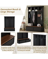 Farmhouse 4-in-1 Hall Tree with Wood Grain Bench, Mudroom Versatile Coat Rack with 2 Large Drawers, Large Entrance Organizer with 6 Black Hooks for Ha