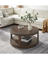 40inch Large Curved 2 Tier Traditional Round Circle Wooden Center Coffee Table,Mid Century Rounded Table with Wheels, Table for living Room,Office,Apa