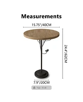 Modern Round Side Table for Small Spaces, Metal Leg, Natural