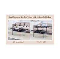 Multifunctional Lift Top Coffee Table with Tempered Glass Legs in Black Marble Pattern