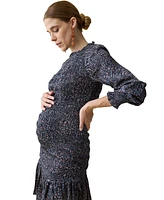 Ingrid + Isabel Maternity Short Smocked Occasion Dress Blue Tan Animal Floral Print Xl