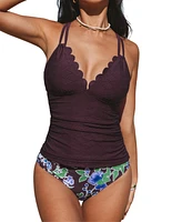Cupshe Women's Scalloped V Neck Dual Strappy Adjustable Tankini Sets