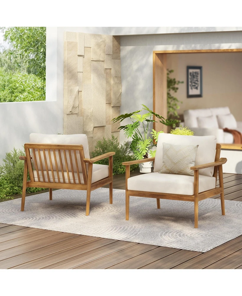 Mid-Century Outdoor Lounge Chairs - Wood Frame & Cushions (Set of 2)