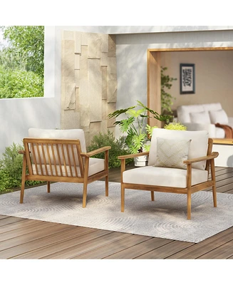 Mid-Century Outdoor Lounge Chairs - Wood Frame & Cushions (Set of 2)