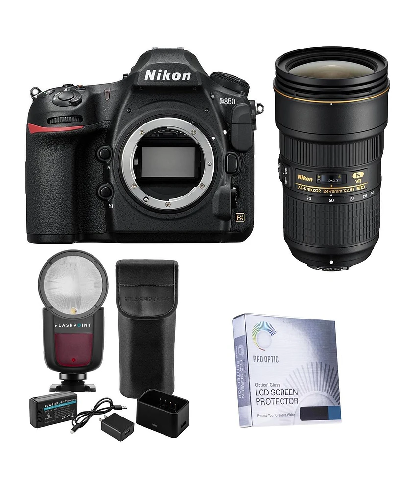 Nikon D850 Dslr Camera, Bundle with 24-70mm f/2.8E Ed Af-s Nikkor Vr Lens, Zoom Li-on X R2 Ttl On-Camera Flash