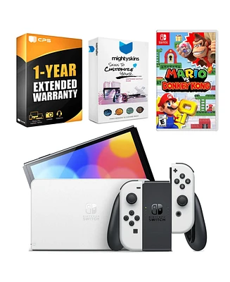 Nintendo Switch White Oled Console with Mario vs. Donkey Kong, MightySkins Console and Controller Skin Voucher