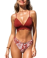 Cupshe Women's Scalloped V Neck Lace Up Bikini Sets