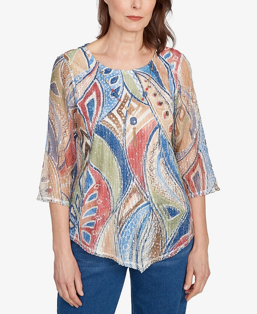 Alfred Dunner Petite El Paso Printed Leaf Textured Top with Necklace