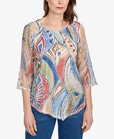 Alfred Dunner Petite El Paso Printed Leaf Textured Top with Necklace