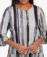 Alfred Dunner Petite Santa Barbara Etched Stripe Bell Sleeve Crew Neck Top