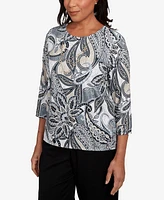 Alfred Dunner Petite Santa Barbara Reversible Paisley Crew Neck Top with Necklace