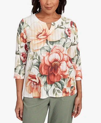 Alfred Dunner Petite Copper Canyon Dramatic Floral Split Beaded Top