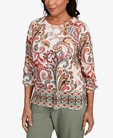 Alfred Dunner Petite Copper Canyon Textured Scroll Border Ruched Sleeves Crew Neck Top