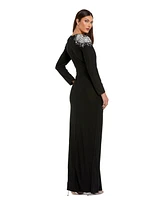 Mac Duggal Women's Jersey Long Sleeve Wrap Gown With Beaded Shoulder