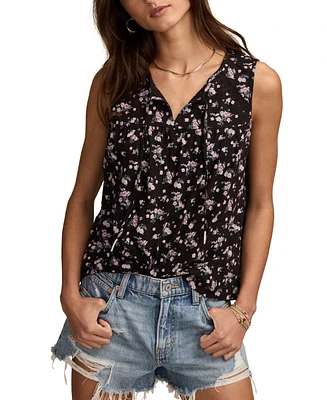 Lucky Brand Women's Printed Cotton Tie-Neck Lace-Trim Top