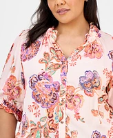 Democracy Trendy Plus Floral-Print Ruffle-Trim Blouse