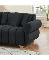 89-inch spring-wrapped cushions, 3 flannelette sofas, stylish metal feet and 4 throw pillows make for a modern living room bedroom