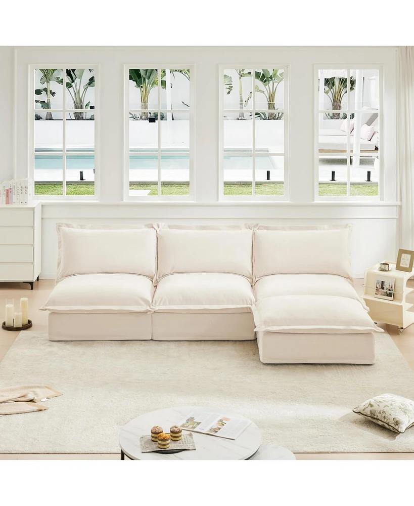 Armless Modular Sectional: Cream Chenille, Reversible Ottoman, Free Combination