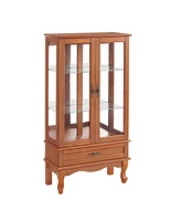 Lighted Glass Cabinet Glass Wine Cabinet Curio Display Cabinet with Adjustable Glass Shelves 2 Doors and 1 drawer Cabinet Bulb Included Oak