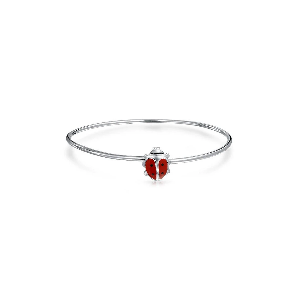 Bling Jewelry Tiny Red Enamel Small 6 Inch Lucky Charm Ladybug Bangle Bracelet For Women .925 Sterling Silver