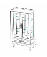 Lighted Glass Cabinet Glass Wine Cabinet Curio Display Cabinet with Adjustable Glass Shelves 2 Doors and 1 drawer Cabinet Bulb Included Cherry