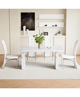 White Marble Dining Set - 4 Pu Chairs, Silver Legs