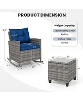 3 Pcs Patio Wicker Rocking Set with Tempered Glass Table & Soft Cushions Outdoor