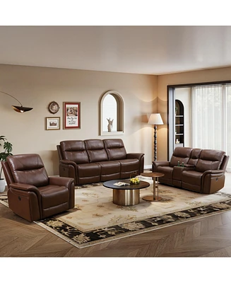 Tribesigns Mid Century Modern Electric Recliner Leather Sofa, Breathable 3-Piece Leather Power Reclining Sofa Set,3 Piece Luxurious Genuine Leather Re