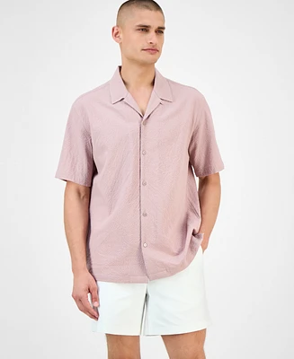 Alfani Men's Short Sleeve Puckered Button-Front Camp Shirt, Exclusively at Macy's