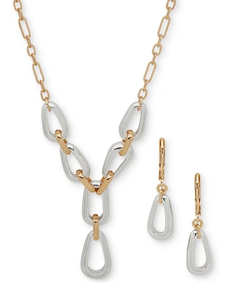 Anne Klein Two-Tone Link Lariat Necklace & Drop Earrings Set
