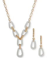Anne Klein Two-Tone Link Lariat Necklace & Drop Earrings Set
