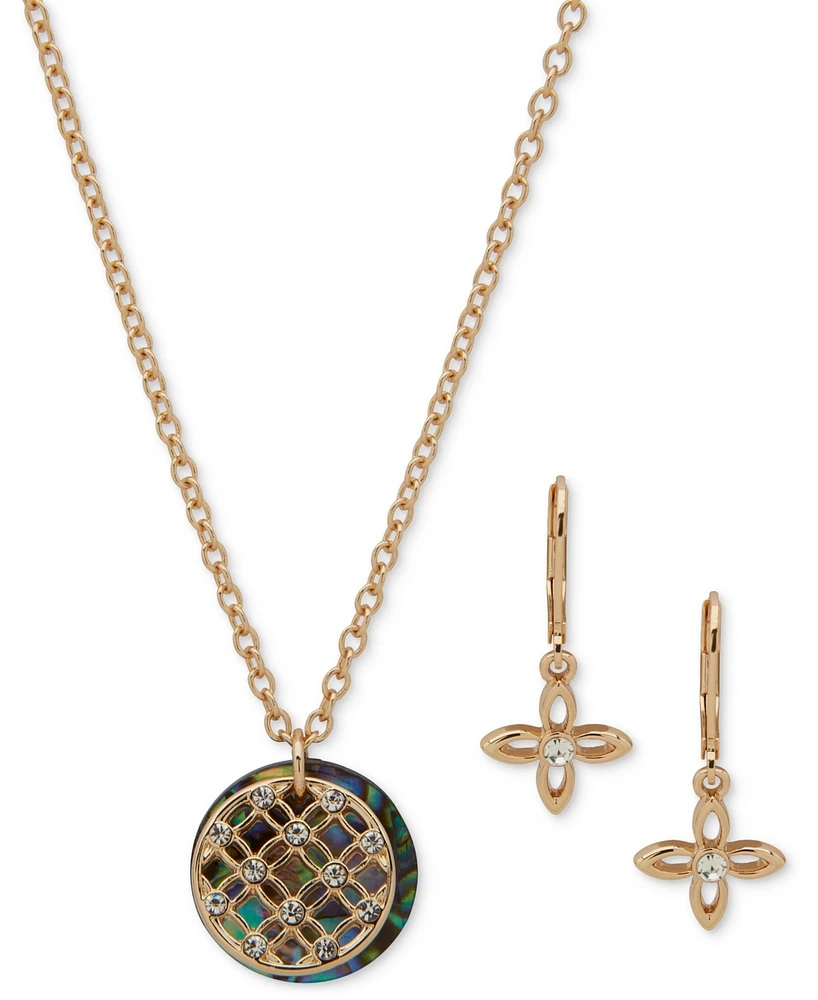 Anne Klein Gold-Tone Pave Filigree & Mother-of-Pearl Disc Pendant Necklace Drop Earrings Set